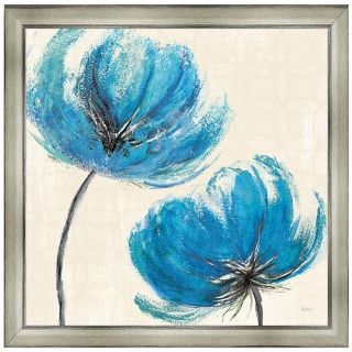 An impressionistic bright blue flower against a neutral background