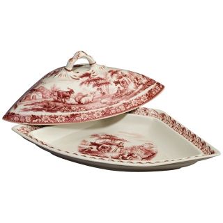 Red and White Porcelain 13 1/2" Wide Tureen   #R3241