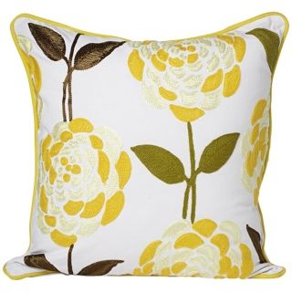 pillow. White fabric. Yellow, green and brown embroidery. 18 square