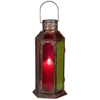 Multicolored Glass 15 3/4" High Antique Copper Lantern   #W9080