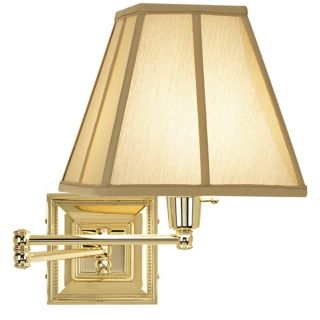 Tan Square Cut Shade Brass Beaded Plug In Swing Arm Wall Lamp   #77426 23976