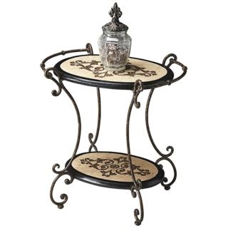 Metalwork Fossil Stone and Black Oval Accent Table   #U7823