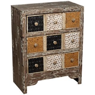 Textured, colored insets. 3 drawers. 32 high. 25 wide. 13 1/2 deep