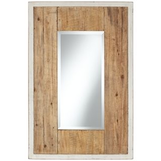 Distressed White and Natural Wood 36" High Wall Mirror   #X5875