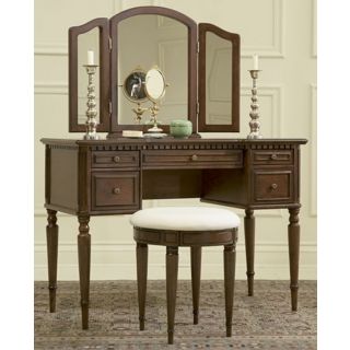 Warm Cherry Vanity with Mirror and Upholstered Stool   #H5629