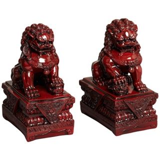 Set of 2 Red Asian Foo Dog Sculptures   #W8213