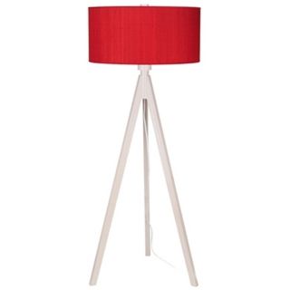 Lights Up Woody Pickled Red Dupioni Silk Shade Floor Lamp   #T2982