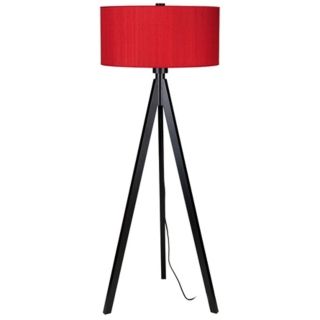 Lights Up Woody Black Red Dupioni Silk Shade Floor Lamp   #T2976