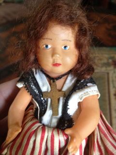 Celluloid Vintage International Doll w Cross Necklace