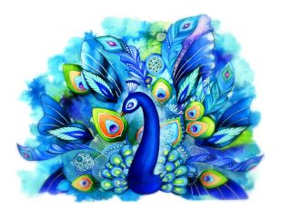 Full Bloom   Watercolor Fantasy Painting   Feather Bird Art Blue Green