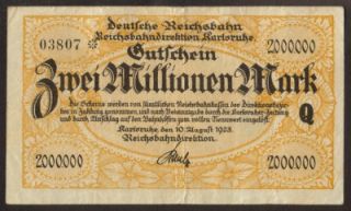 Germany 2000000 Mark Karlsruhe Baden 1923 Reichsbahn Railway Notgeld
