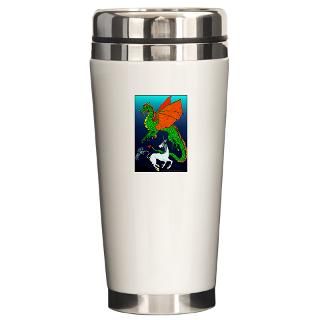 unicorn and dragon conflict ceramic travel mug $ 19 78