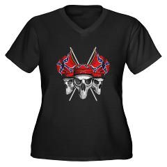Rebel Skulls Confederate flag Womens Plus Size V Neck Dark T Shirt