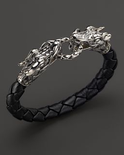 John Hardy Mens Naga Silver Black Woven Leather Dragon Bracelet