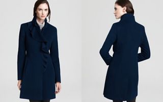 DKNY Stand Collar Coat with Ruffle Front _2