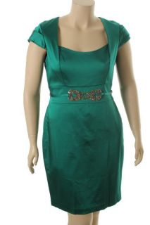 Kay Unger New Green Satin Jewel Waistband Scoop Neck Cocktail Dress 16