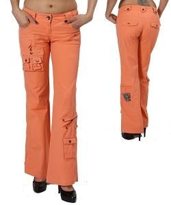 New Women Cargo Pants Orange 6 Pockets Low Rise Bootcut sweat Workout