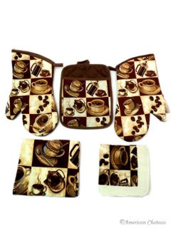 Coffee Kitchen 5 PC Linen Towel Set Towels Oven Mitt and Pot Holder