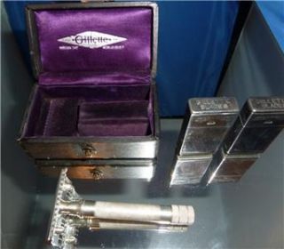 Antique Gillette Standard Razor Silver with Case Blade Holders 3 Piece