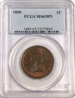1850 Large Cent PCGS MS65BN Beautiful Lustrous Chocolate Brown Color