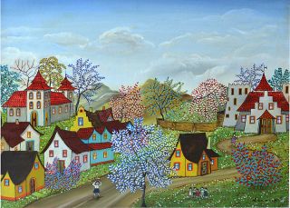 Kowalski Hungarian Oil on Canvas Painting Farm Village Vivid Color