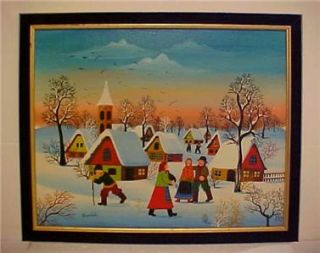 Painting on Canvas Folk Art Village Landscape Polish Artist Kowalski