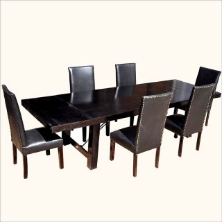 7pc Black Leather Upholstery Dining Room Table w Extension Chairs Set