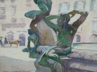 John Lavalle Watercolor Florence Fountain Italy Listed American 1952