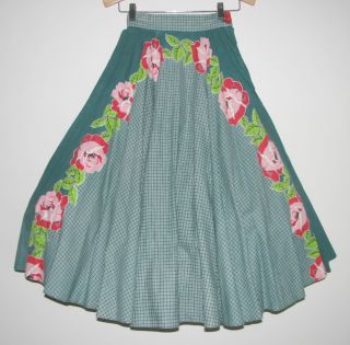80 1950s circle skirt rose plaid pattern red bakelite buttons 24 inch