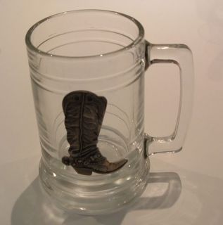 Glass BEER MUG , with peweter type WESTERN boot, MOOSE & Moose Head