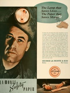 1941 Ad George La Monte Safety Papers Coal Miner Lamp   ORIGINAL
