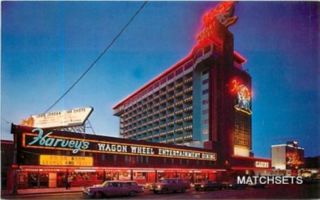 Lake Tahoe California Harveys Wagon Wheel Hotels Neon Night Postcard