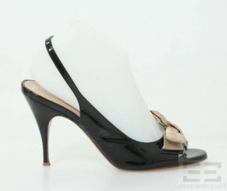Autre Chose Black Patent Leather Taupe Bow Slingback Heels Size 38