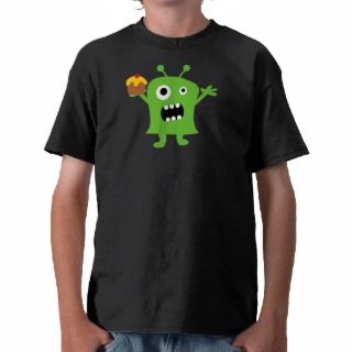 Fun scary monster holding a cupcake boys t shirt
