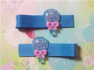 Blue Light Pink Glitter Swirly Lollipops on Medium Blue Grosgrain Hair