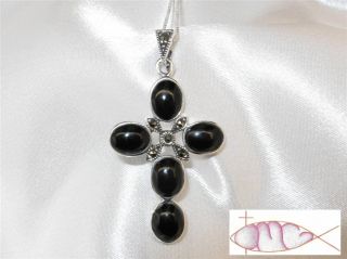 Large Sterling Silver Black Onyx Marcasite Cross Pendant with or