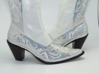 Womens White Sequined Cowboy Boots Crystalized Evening Wedding Shoes