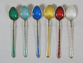 Set of 6 Egon Lauridsen Sterling Enamel Gold Wash Demitasse Spoons
