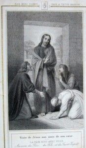HOLY CARD LACE ENGRAVING JESUS VISITING LAZARE MARTHA & MARY + PRAYER