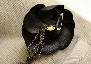 AUTHENTIC CHANEL BLACK LEATHER CAMELLIA FLOWER W CHAINS PIN BROOCH