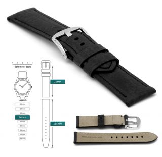 24mm Vintage Style Mens Black Leather Watch Strap Band