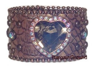Bronze Copper Heart Leather Rhinestone Cuff Bracelet