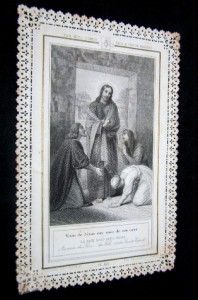 HOLY CARD LACE ENGRAVING JESUS VISITING LAZARE MARTHA & MARY + PRAYER
