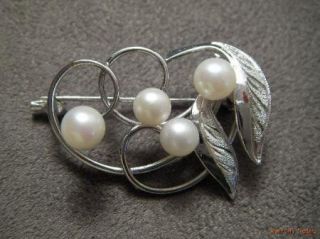 Solid Sterling Silver Faux Pearl Leaf Pin