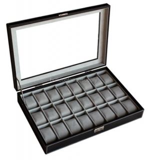 Black Leather Watch Display Case Box Organizer Jewelry Storage