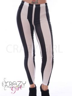 Vertical Black and White Wide Stripes Print Leggings Size 8 14