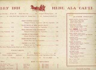 An original menu from Trainers Inn of Lehighton, Pennsylvania. In