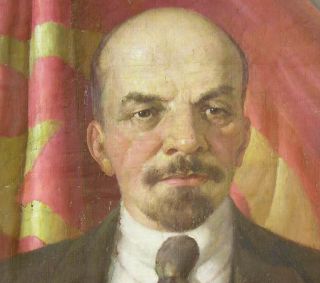 Big Oil 1950 Painting Lenin Banner Portrait Old Russian Realism