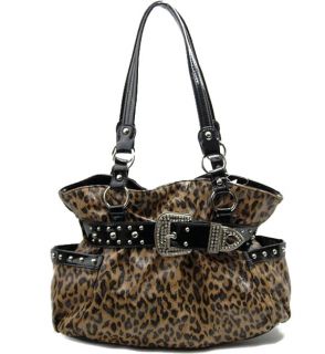 Animal Print Fashion Leopard Belted Studded Hobo Handbag Purse New
