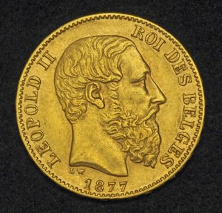 1877 Belgium Leopold II Beautiful 20 Francs Gold Coin 6 42gm
